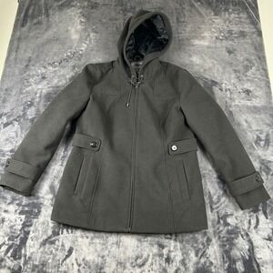 Covington Pea Coat Womens Large Black Hooded Full Zip Mid Length Jacket 4556